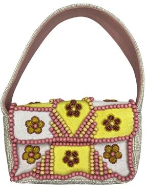 Y2K Beaded Floral Shoulder Bag Pink Yellow Mini Baguette Purse
